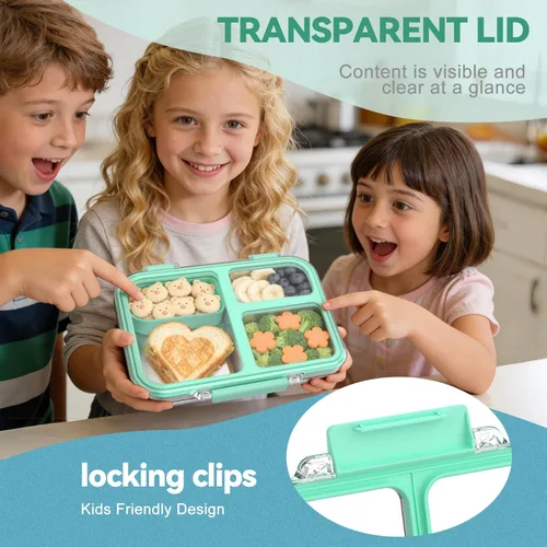 Miniatura 6 de Lonchera Bento de acero inoxidable para niños, lonchera metálica de 3 compartimentos con tapa transparente y silicona extraíble, lonchera para niños