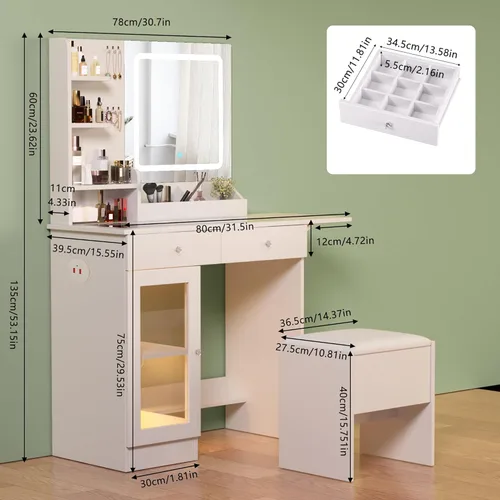 Miniatura 4 de KDCAS Escritorio pequeño con espejo y luces, escritorio de maquillaje con parte superior de vidrio transparente y almacenamiento, tocador blanco