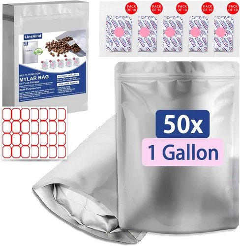 50 bolsas de Mylar de 1 galón, bolsas de Mylar de 10 x 14 pulgadas con absorbentes de oxígeno (50 x 500 cc) para almacenamiento de alimentos, bolsa