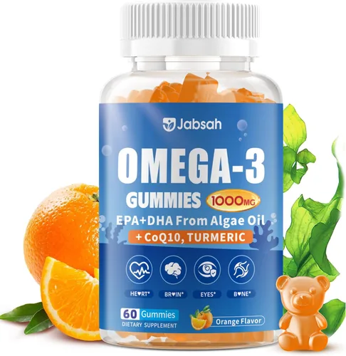 Gomitas veganas Omega-3 de 1000 mg de aceite de algas (DHA 460 mg y EPA 230 mg), alternativa de aceite de pescado Omega 3 para adultos, más cúrcuma