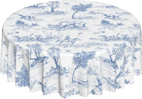 Miniatura 12 de Mantel redondo floral azul y blanco de 60 pulgadas, elegante mantel rústico vintage de flores, resistente a las manchas, impermeable, de poliéster