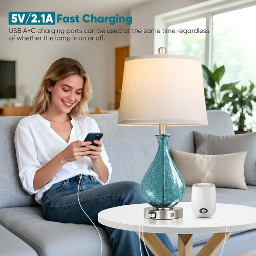 Miniatura 5 de QiMH Juego de 2 lámparas de mesa de cristal para sala de estar y dormitorio, luz LED de 22.5 pulgadas con control táctil, azul de 3 vías regulables