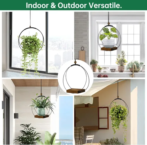 Miniatura 3 de Maceta colgante para plantas de interior, colgador de plantas negro para interiores con base de madera resistente, colgador de plantas de macramé