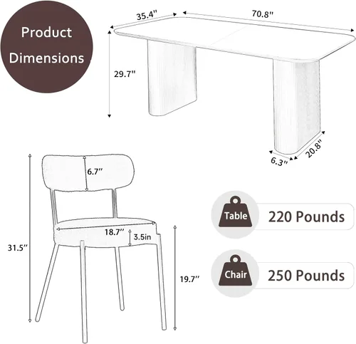 Miniatura 3 de RGZ Juego de mesa de comedor oval moderna de 71", juego de mesa y sillas de 7 piezas para 6, juego de mesa de cocina de mármol sintético y 6 sillas