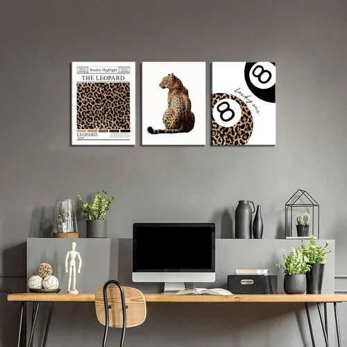 Miniatura 4 de Conjunto de 3 modernos pósteres de pared de leopardo en lona con bola de la suerte número 8, arte de pared elegante, decoraciones de pared