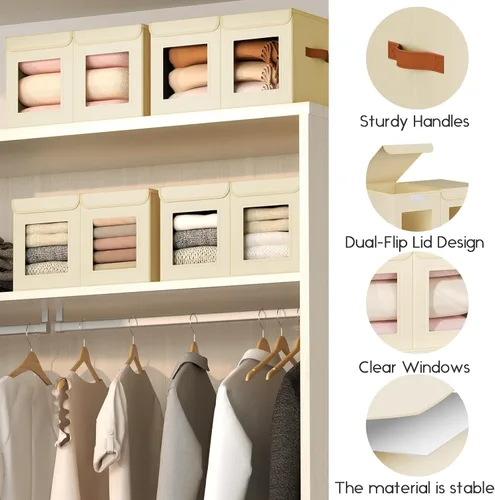 Miniatura 2 de Homsorout Contenedores grandes de almacenamiento para armario, organizador de ropa plegable dividido con tapas y doble ventana, contenedores Beige