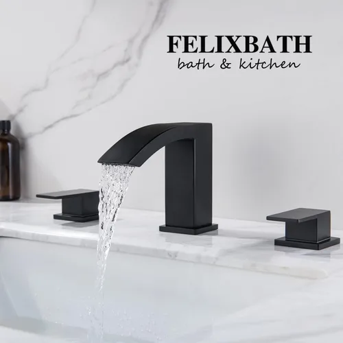 Miniatura 7 de Grifo de baño de cascada negra de 3 agujeros, grifo de baño negro mate de 8 pulgadas con drenaje desplegable y 2 líneas de suministro de agua, grifo