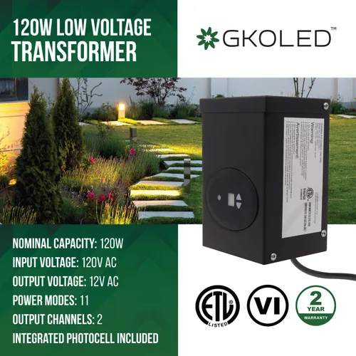 Miniatura 2 de GKOLED Transformador de bajo voltaje de 120 W con certificación ETL con fotocélula y temporizador, 120 V CA a 12 V CA paquete de alimentación
