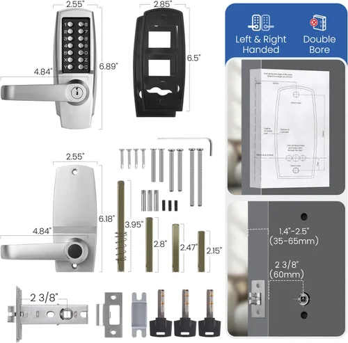 Miniatura 2 de Cerradura de puerta de entrada sin llave con asa - Cerradura de puerta mecánica 100% sin baterías - Fácil de instalar y usar - Cerradura con teclado