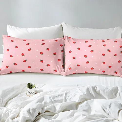 Miniatura 5 de Juego de sábana bajera ajustable para niños de fresa roja, tamaño individual, diseño de corazón dulce princesa, decoración de habitación para niñas
