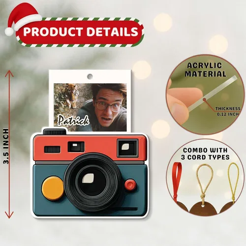Miniatura 7 de Adorno acrílico en forma de cámara 2D, nombre personalizado y foto colgante de Navidad para fotógrafo, adorno de marco de fotos retro personalizado