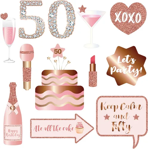 Miniatura 4 de Accesorios y letreros para cabina de fotos de fiesta de cumpleaños número 50, color oro rosa 50, kit de accesorios para selfies con palos para niñas