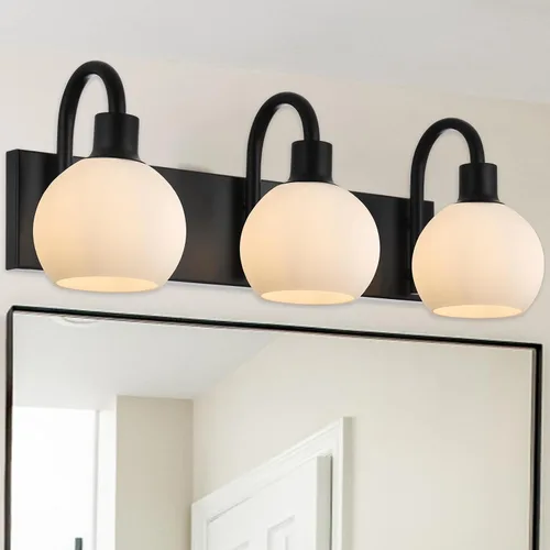 Miniatura 13 de Accesorios de iluminación de tocador de baño negros de 5 luces sobre espejo, iluminación moderna de pared con apliques de vidrio esmerilado