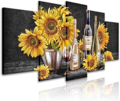 Biuteawal Arte de pared grande de 5 paneles para cocina, pintura de girasol negro, blanco y amarillo, imágenes de vino, decoración de pared,