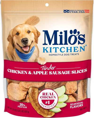Milo's Kitchen Homestyle - Golosinas para perros, rebanadas de salchicha de pollo y manzana, 18 onzas, altas en proteínas, sin sabores artificiales