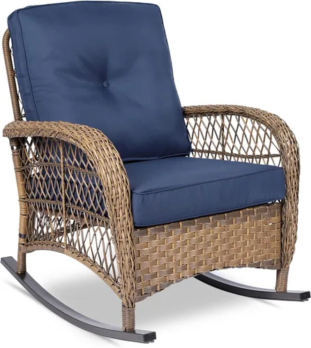 Miniatura 35 de VIVIJASON Mecedora de mimbre para exteriores, silla mecedora de ratán para patio con cojines y marco de acero, muebles de mimbre mecedores