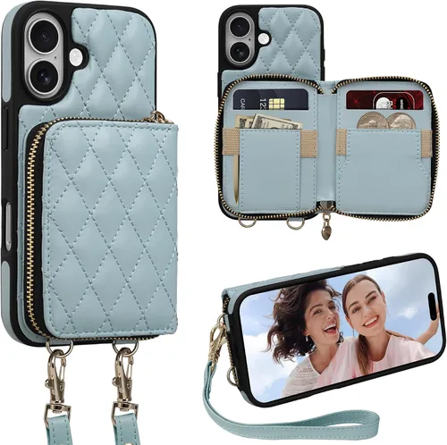 Miniatura 51 de Funda tipo cartera para iPhone 15 de 6.1 pulgadas, bolso cruzado con cremallera y correa para la muñeca con cordón para mujer, tarjetero con bloqueo