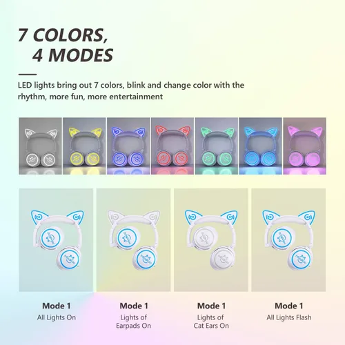Miniatura 2 de Auriculares para niños, auriculares con orejas de gato con cable e inalámbricos, luces LED, auriculares Bluetooth inalámbricos plegables