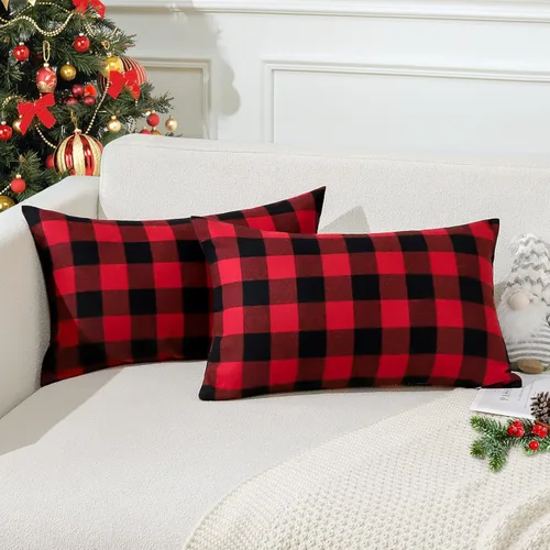 Miniatura 20 de OTOSTAR Paquete de 2 fundas de almohada decorativas de cuadros búfalo navideños de 12x20 pulgadas, lino clásico estilo granja, fundas de cojín