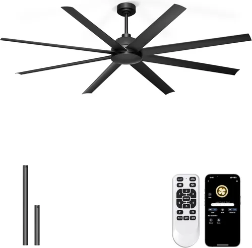 Miniatura 10 de Ventilador de techo de 65 pulgadas sin luz - Ventilador de techo negro con control remoto y APP, motor CC reversible silencioso, 6 aspas