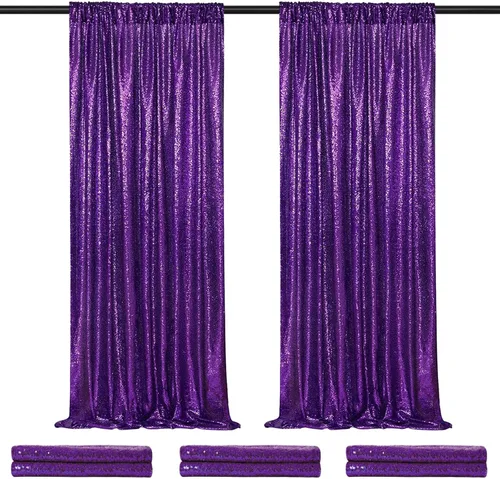 Miniatura 29 de Telón de fondo de lentejuelas moradas 2 paneles 2FTx8FT con purpurina telón de fondo cortinas para fiesta de Halloween fondo de fotos para bodas
