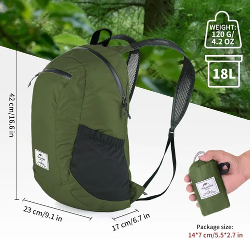 Miniatura 5 de Naturehike Mochila de senderismo ligera de 18 litros, mochila plegable impermeable para acampar, ultraligera para viajes, avión, adultos Verde Pino