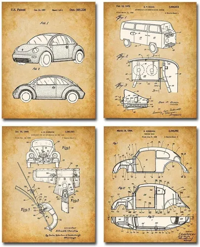 Volkswagen Beetle - Juego de cuatro fotos (8 x 10) sin marco, hace una gran decoración de cueva de hombre y regalo por menos de $20 para los