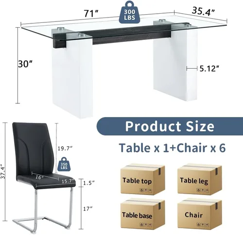 Miniatura 3 de FURNITO Juego de mesa de comedor de cristal para 6, mesa de cocina moderna y sillas para mesa de comedor de vidrio de 6.71 pulgadas con 6 sillas