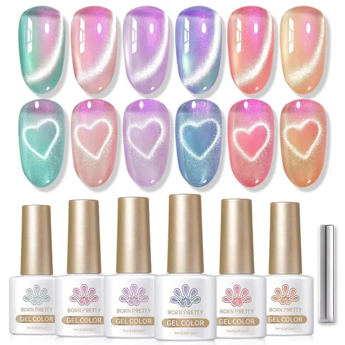 Miniatura 25 de Born Pretty Esmalte de uñas de gel de ojo de gato magnético, esmalte de gel pastel lechoso magnético azul pastel verde púrpura rosa nude plateado