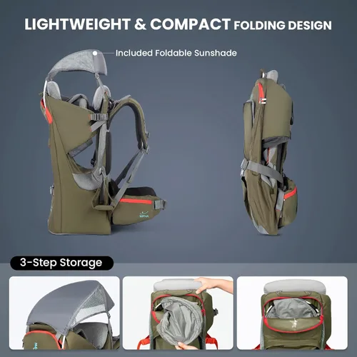 Miniatura 4 de WIPHA - Mochila para bebé, ergonómico, con toldo para el sol, mochila de senderismo con gran espacio de almacenamiento y bolsillo aislado, asiento