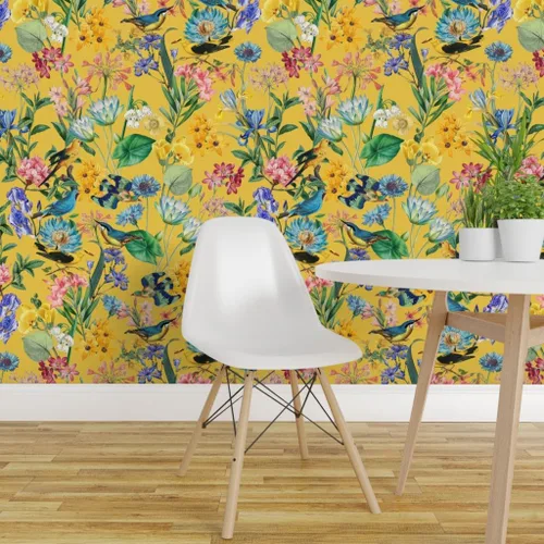 Miniatura 3 de Muestro de papel tapiz extraíble, selva tropical, amarillo, dibujado a mano, botánico, pájaros tropicales, papel pintado prepegado personalizado por