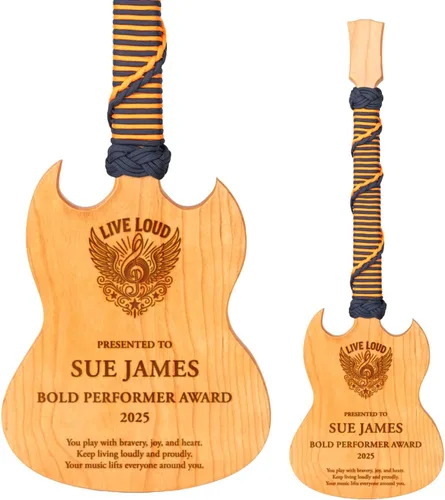 Miniatura 12 de Premio personalizado de guitarra Cherrywood, placa grabada personalizada con mango de paracaídas azul, 23 x 8 pulgadas Regalo para músicos
