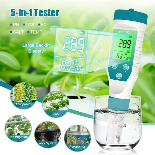 Miniatura 2 de Medidor de pH para hidropónica y probador de sal para spa – Medidor 5 en 1 de pH, salinidad, TDS, EC y temperatura con calibración de 12.88 mS/cm