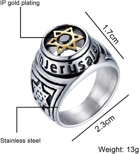 Miniatura 3 de Anillo de acero inoxidable Jerusalén estrella de David ónix negro