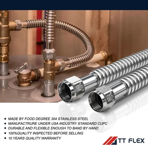 Miniatura 5 de TT FLEX Conector de calentador de agua corrugado de acero inoxidable flexible para suavizador de calentador de agua, 3/4 pulgadas FIP x 3/4 pulgadas