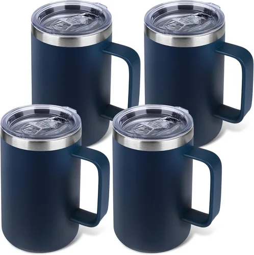 Miniatura 30 de Taza de café aislada de 22 onzas con asa y tapa a prueba de fugas, vaso de viaje de acero inoxidable de doble pared para viajes, oficina, hogar