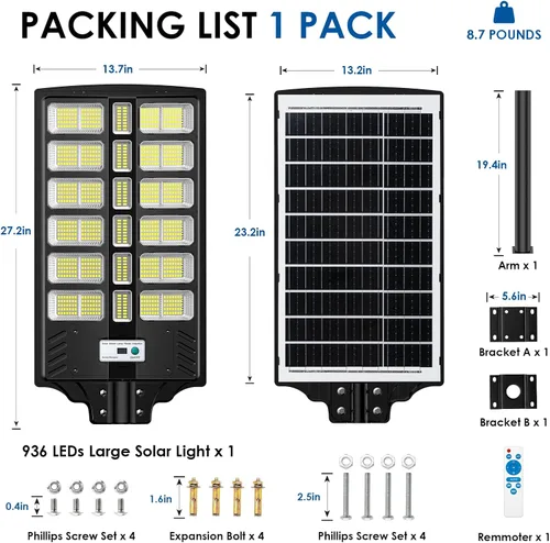 Miniatura 8 de Farolas solares impermeables para exteriores, 9000 W, gran iluminación comercial de estacionamiento con sensor de movimiento y control remoto