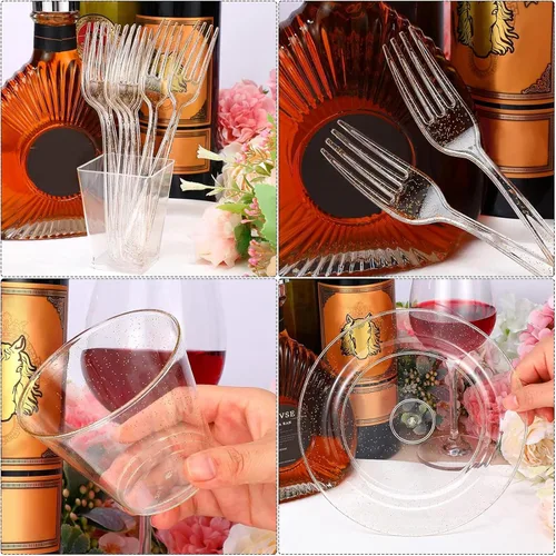 Miniatura 4 de Honeydak Juego de vajilla de plástico con purpurina dorada de 300 piezas para 100 invitados, 100 platos de boda de 7.5 pulgadas, 100 tazas doradas