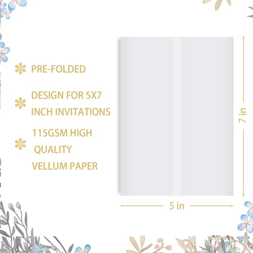 Miniatura 2 de 50 hojas de chaquetas de vellum preplegadas para invitaciones de 5 x 7 pulgadas, envolturas de vellum para invitaciones de boda de 5 x 7