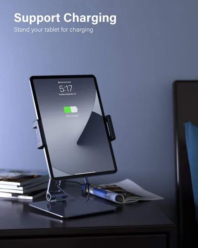 Miniatura 5 de Maxonar Soporte para iPad, soporte para tablet de aleación de aluminio resistente, giratorio de 360°, plegable, soporte de carga de aire para iPad
