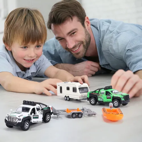 Miniatura 3 de G.C 4 Pack de juguetes de camiones de remolque para niños, juguetes de camping, barcos, camiones de metal fundido, vehículos 1:36, juguetes de autos