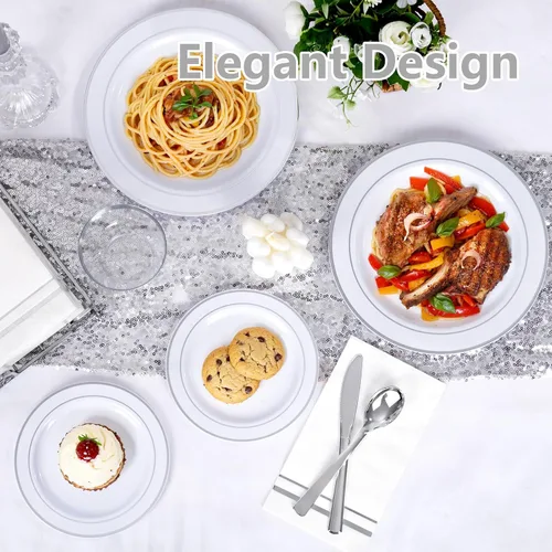 Miniatura 4 de GATHER 350 platos de plástico plateado, platos desechables blancos y plateados para 50 invitados, incluye 100 platos, 50 servilletas, 150 cubiertos