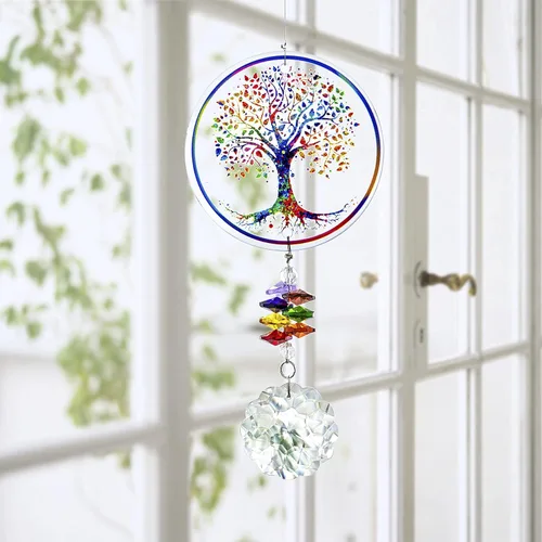 Miniatura 3 de Adorno colgante de chakra prisma de cristal con diseño de árbol de la vida K9 Crystal Glass Tree of Life Suncatcher Window Car Home Decor Rainbow