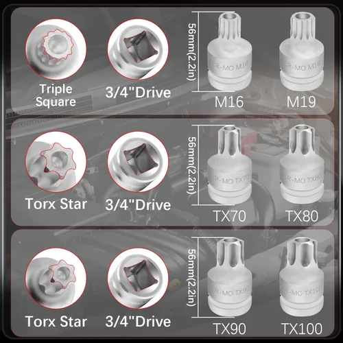 Miniatura 2 de Juego de llaves de vaso de impacto Torx Star y triple cuadrado de 3/4 pulgadas, Cr-MO T100 T90 T80 T70 M18 M16 Impact Drive Allen Socket Kit