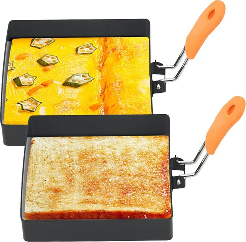 Miniatura 9 de Molde para anillos de huevo, 2 unidades, antiadherentes, cuadrados de 4 pulgadas, para freír huevos con mango de silicona, molde cuadrado de acero