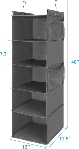 Miniatura 3 de MAX Houser Organizador de armario colgante de 5 estantes, ahorro de espacio, estantes colgantes de tela con 4 bolsillos laterales, plegable, gris