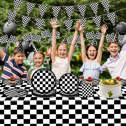 Miniatura 5 de ZOIIWA Juego de vajilla de 123 piezas de decoración de fiesta de carreras a cuadros en blanco y negro con platos temáticos de carreras, pancartas