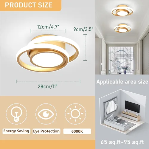 Miniatura 5 de CANEOE Lámpara de Techo LED Pequeña y Moderna, Dorada Redonda, Accesorios de Luz de Pasillo para Techos, Lámparas de Techo Interiores para Pasillo
