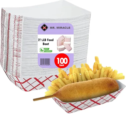 Miniatura 12 de Botes medianos de papel para alimentos, bandejas de papel a cuadros rojos y blancos. Mediano (1 libra). Paquete de 100, botes desechables