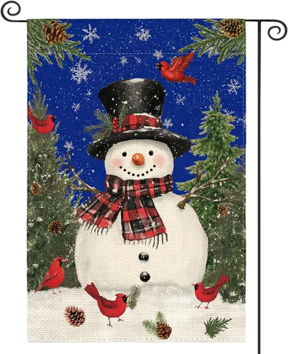 AVOIN colorlife Muñeco de nieve azul con bufanda Bandera de jardín de Navidad 12x18 pulgadas de dos vistas, Bandera decorativa de patio de invierno